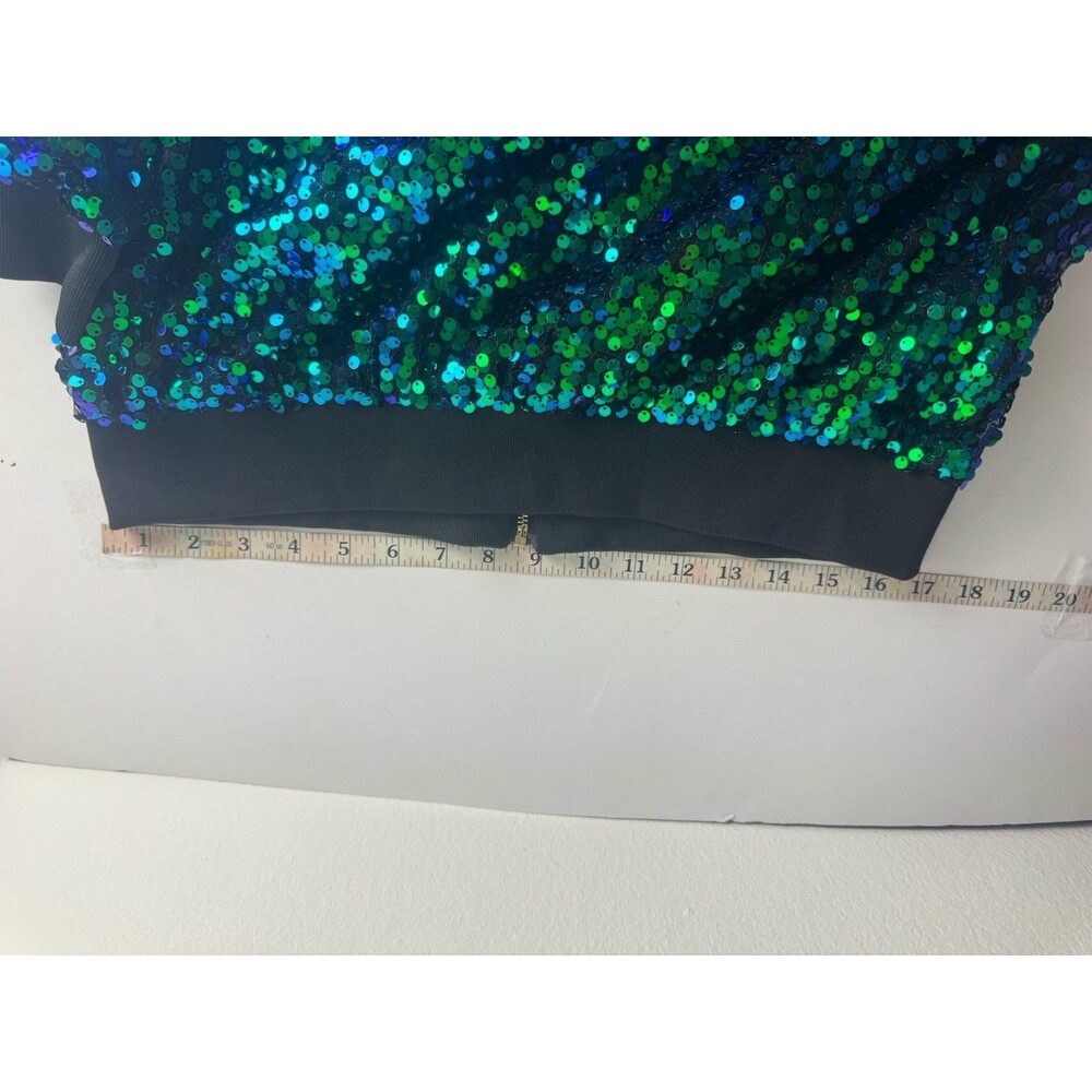 Anna-Kaci Green Blue Sequin Bomber Jacket Women’s Medium Sparkly Zip - Picture 5 of 5